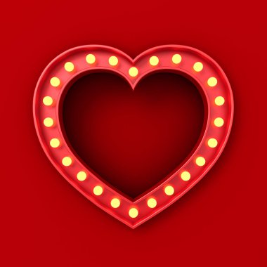 Boş retro aşk kalp şekli ilan panosu çerçeve üzerinde parlayan sarı neon ampuller koyu kırmızı duvar arkaplan minimum kavramsal 3D görüntüleme
