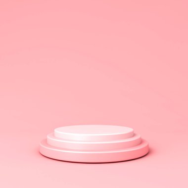 Boş açık pembe pastel renkler podyum kaidesi veya ürün görüntüleme sunum platformu pembe pastel renkli duvar arkaplanı üzerinde izole edilmiş, en düşük kavramsal 3D görüntüleme
