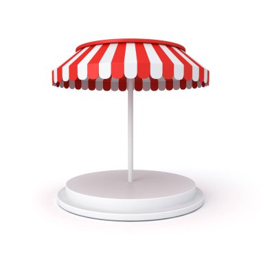 Kırmızı çizgili kubbe şemsiyeli boş beyaz podyum kaidesi ya da boş ürün görüntüleme platformu beyaz zemin üzerinde izole edilmiş, en düşük kavramsal 3D görüntüleme