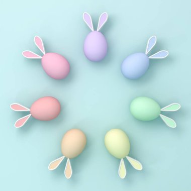 Açık mavi pastel renkli arka planda renkli tavşan Paskalya yumurtaları. Gölgeler ve boş alan en az yaratıcı fikir Paskalya Günü konsepti 3 boyutlu.
