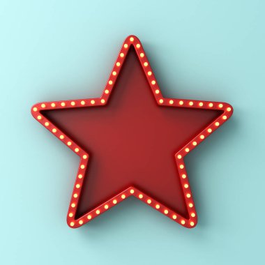 Sarı neon lambalı boş kırmızı retro yıldız mavi pastel duvar arka planında izole edilmiş 3D gölgeli