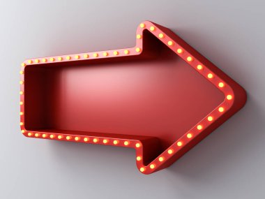 Beyaz duvar zemininde izole edilmiş retro sarı neon lambalı boş kırmızı ok tabelaları ve gölge yaratıcı fikir konsepti 3D görüntüleme