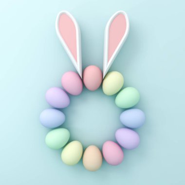 Açık mavi pastel renkli arka planda renkli tavşan Paskalya yumurtaları. Gölgeler ve boş alan en az yaratıcı fikir Paskalya Günü konsepti 3 boyutlu.