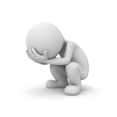 Depresif, minimal 3D beyaz adam elleri yüzünü örtüyor ve beyaz arka planda izole bir şekilde oturuyor.