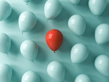 Kalabalıktan ve farklı kavramlardan göze çarpan bir kırmızı balon, açık mavi renkli balonları gölgeli bireysellik kavramının 3 boyutlu görüntüsüyle kaplıyor.