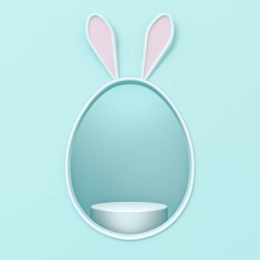 Asgari Paskalya Tavşanı veya Tavşan Ürün Podyumu açık mavi renkli Cyan Pastel Duvar Arkaplanı ve gölge yaratıcı fikir 3D