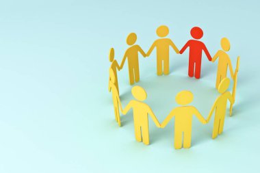 Bir grup insan, açık yeşil, mavi, pastel, arka plan, yaratıcı fikir konularında kalabalığın önünde duran kırmızı bir adamla el ele tutuşup daire oluşturuyorlar.