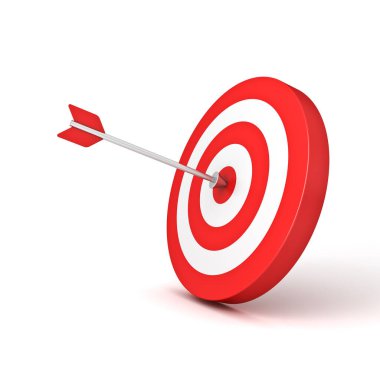 Hedef tahtaya kırmızı ok isabet etti. Hedef dartboard beyaz zemin üzerinde izole edildi. Ticari yaratıcı fikir kavramları 3D görüntüleme