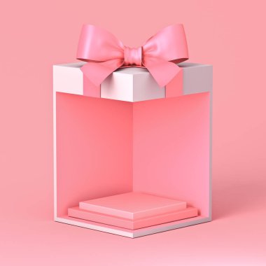 Boş kareler podyum kaidesi tatlı sergi standı hediye kutusu ürün tasarımı vitrin standı pembe pastel renk kurdele yayı açık pembe arkaplan minimumu 3D görüntüleme