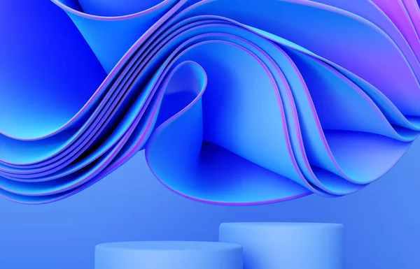 Neonowe Niebiesko Różowe Tło Podium Abstrakcyjną Falistą Tkaniną Składaną Warstwową — Zdjęcie stockowe