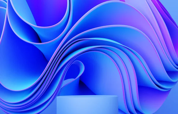 Neonowe Niebiesko Różowe Tło Podium Abstrakcyjną Falistą Tkaniną Składaną Warstwową — Zdjęcie stockowe