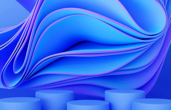 Неоновый Синий Розовый Подиум Фон Абстрактной Волнистой Тканью Сложенная Сложенная — стоковое фото