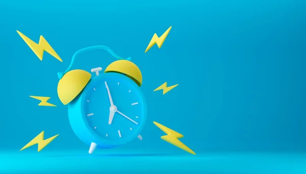 Blue vintage ringing alarm clock with yellow lightings on blue background. Modern design, business concept, icon 3d render
