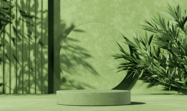 Minimal Abstract Summer Background Concrete Podium Display Green Leaves Shadows — Foto de Stock