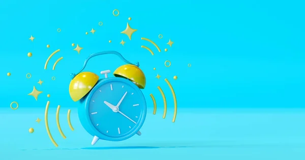 Blue retro ringing alarm clock with yellow stars on blue background. Vintage design, business concept, icon, 3d render illustration