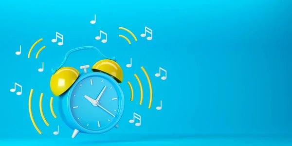 Blue and yellow retro ringing alarm clock with sound waves and notes on blue background. Vintage design, business concept, icon, 3d render illustration