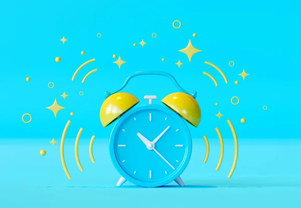 Blue vintage ringing alarm clock with bright yellow stars, waves on blue background. Modern design, business concept, icon 3d render