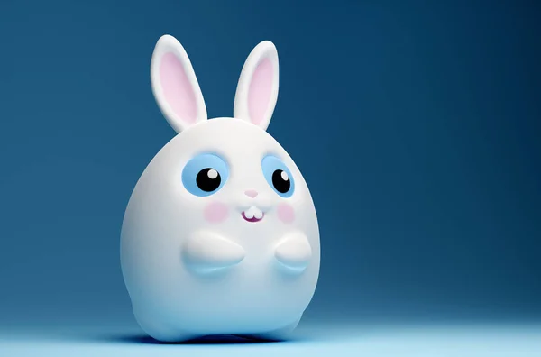 3d little kawaii white rabbit with big blue eyes floating in the air on blue background. Cartoon funny fat Easter bunny rabbit with white belly and pink ears. 3d render illustration
