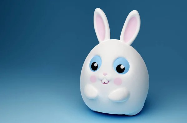 3d little kawaii white rabbit with big blue eyes floating in the air on blue background. Cartoon funny fat Easter bunny rabbit with white belly and pink ears. 3d render illustration