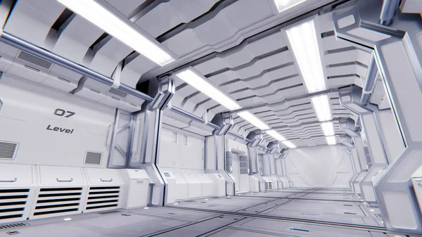 Futuristic Architecture Sci Spaceship Hallway Interior Dirty Long Corridor Abstract — Fotografia de Stock
