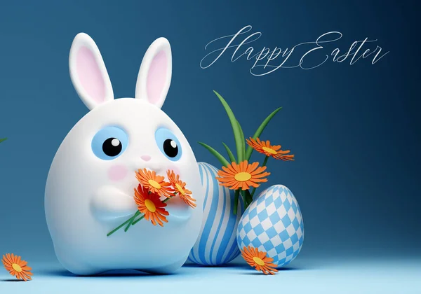 Happy Easter Banner Little Kawaii White Rabbit Big Blue Eyes — Stok fotoğraf