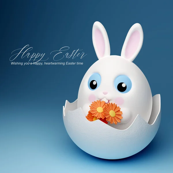 Happy Easter Banner Little Kawaii White Rabbit Big Blue Eyes — Zdjęcie stockowe