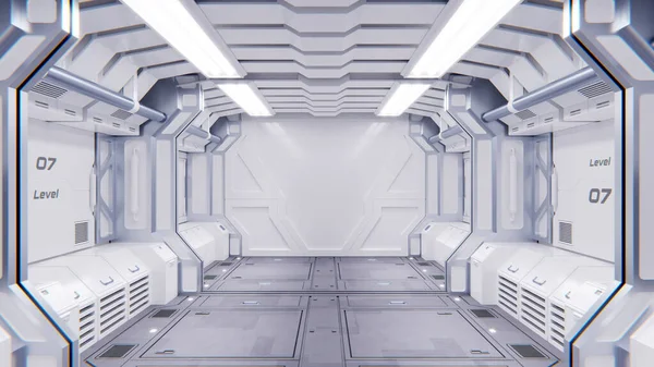 Φουτουριστική Αρχιτεκτονική Sci Διαστημόπλοιο Διάδρομο Εσωτερικό Βρώμικο Μακρύ Διάδρομο Αφηρημένη — Φωτογραφία Αρχείου