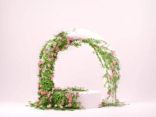 3d spring floral scene with podium display on pink pastel background with rose flowers. Minimal pedestal for beauty, health, cosmetic product. Valentine, Easter, 8 March, mother day. 3d render
