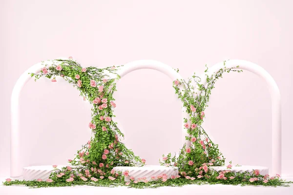 stock image 3d spring floral scene with podium display on pink pastel background with rose flowers. Minimal pedestal for beauty, health, cosmetic product. Valentine, Easter, 8 March, mother day. 3d render