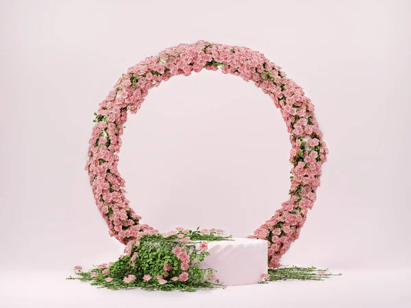 3d spring floral scene with podium display on pink pastel background with rose flowers. Minimal pedestal for beauty, health, cosmetic product. Valentine, Easter, 8 March, mother day. 3d render