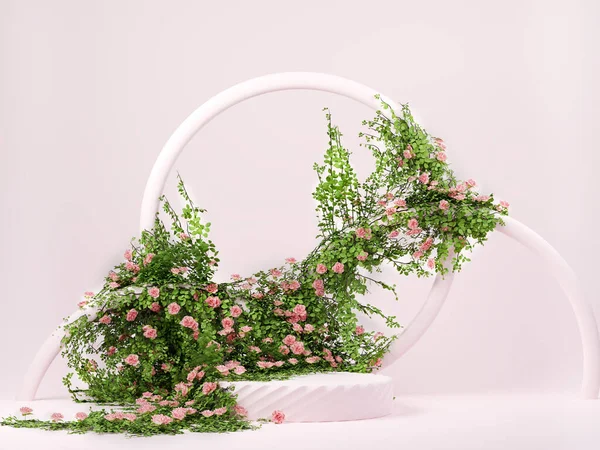 バラの花とピンクのパステルの背景に表彰台の表示を持つ3D春の花のシーン 美しさ 化粧品のための最小台座 バレンタイン イースター 母の日 3Dレンダリング — ストック写真