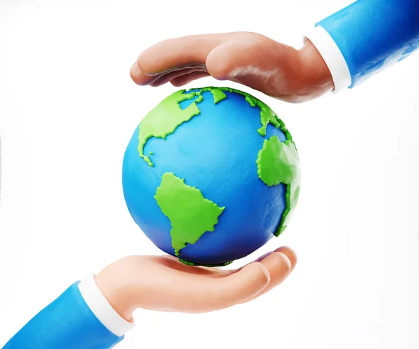 Earth Day, eco friendly concept. Sustain earth concept: Human plasticine stylised hands holding Earth isolated on white background. World environment day background. Make every day Earth day, save our