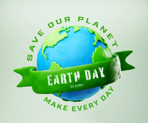 Hari Bumi Konsep Ramah Lingkungan Kartun Plastik Bumi Dengan Pita — Stok Foto