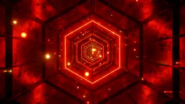 Seamless Loop Motion Graphics Flying Red Hexagonal Tunnel Blinking Particles — Stok Video