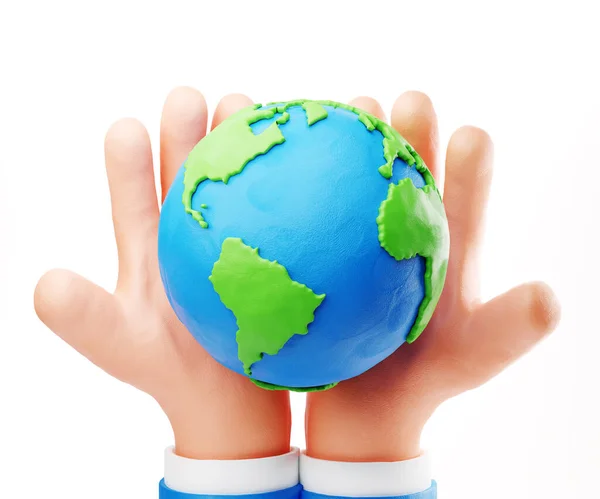 Earth Day, eco friendly concept. Sustain earth concept: Human plasticine stylised hands holding Earth isolated on white background. World environment day background. Make every day Earth day, save our