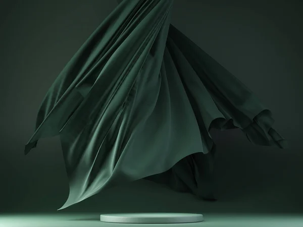 Display Podium Green Background Green Pedestal Flying Silk Cloth Curtain — Stock Photo, Image