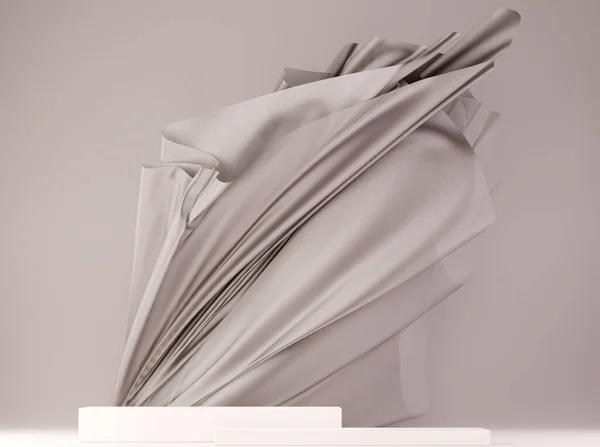 Display Podium Beige Background Light Pedestal Flying Silk Cloth Curtain — Stock Photo, Image