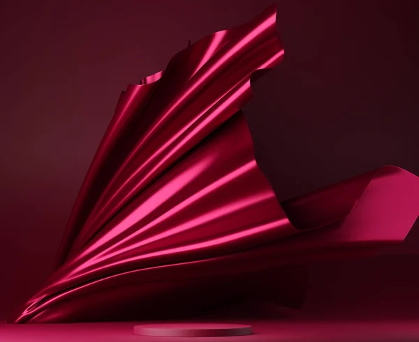 Дисплей Подіум Червоний Фон Єдесталом Пурпурової Літаючої Шовкової Тканини Стійка — стокове фото