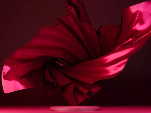 3Dディスプレイ表彰台 マゼンタ台座と空飛ぶ絹の布カーテンと赤の背景 化粧品製品のプレゼンテーションスタンド 高級モックアップだ 3Dレンダリング — ストック写真