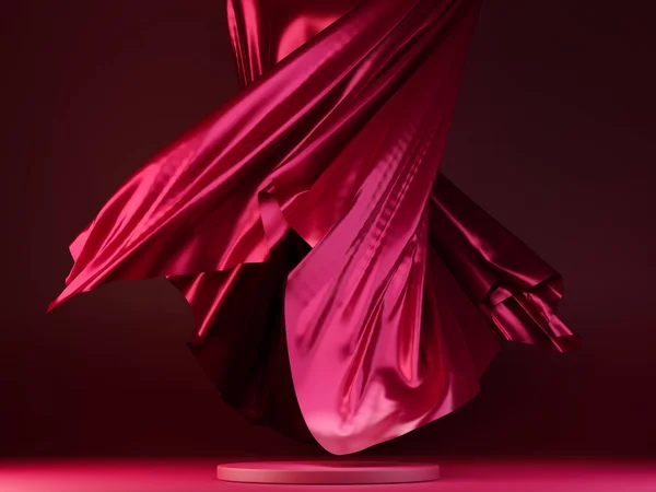 Podium Affichage Fond Rouge Avec Socle Magenta Rideau Tissu Soie — Photo