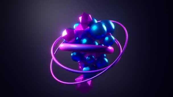 3D抽象アニメーションの飛行 浮遊輝くネオン色 青とピンクの幾何学的な形状 暗い背景にボール — ストック動画