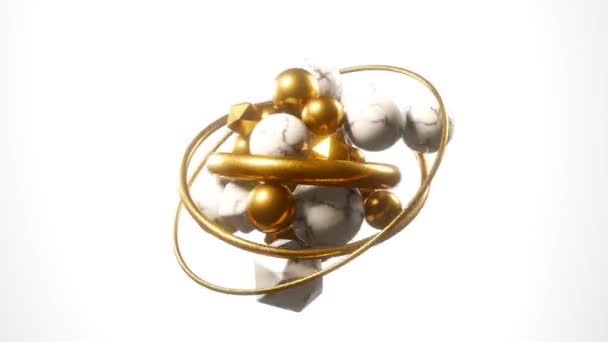 3D抽象的な飛行のアニメーション 浮遊白い大理石と黄金の幾何学的な形状 白い背景にボール — ストック動画