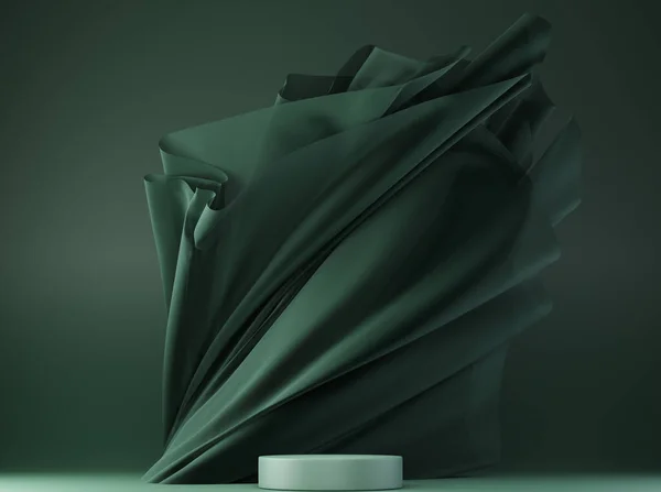 3Dディスプレイの表彰台 緑の台座と飛んでシルクの布カーテンと緑の背景 化粧品製品のプレゼンテーションスタンド 高級モックアップだ 3Dレンダリング — ストック写真