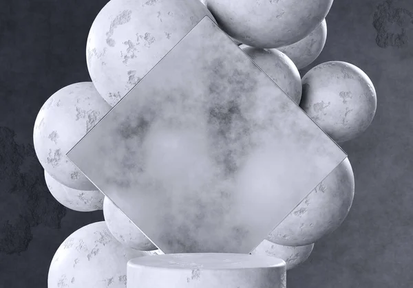 Abstract Concrete Balls Concrete Podium Frosted Glass Frame Dark Concrete — Stock Photo, Image