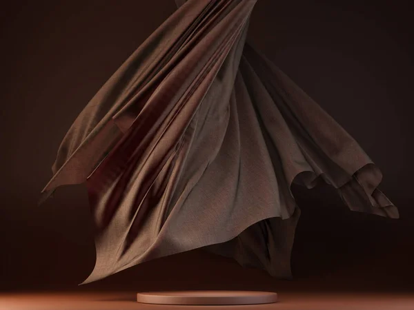 Display Podium Brown Background Brown Pedestal Flying Silk Cloth Curtain — Stock Photo, Image