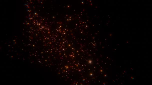 4K发光体的抽象循环动画 火花在黑色背景上升起 燃烧着炽热橙色的燃烧的燃烧的三维混乱运动 带流动红星的银河背景 — 图库视频影像