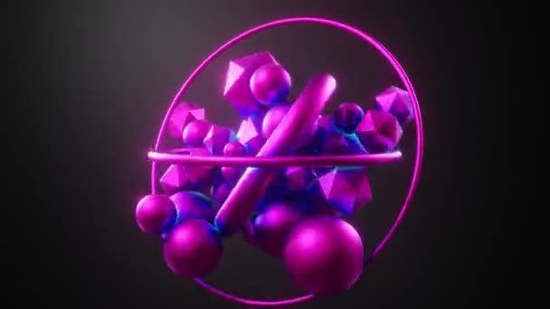 3D抽象アニメーションの飛行 浮揚ピンク 青幾何学的な形状 暗い背景にボール — ストック動画