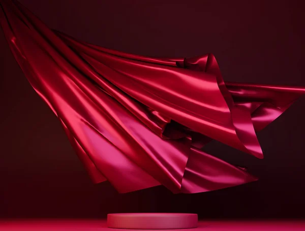 Schaupodium Roter Hintergrund Mit Magentafarbenem Sockel Und Fliegendem Seidenvorhang Beauty — Stockfoto