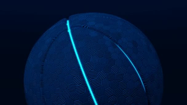 黑暗背景下蓝色霓虹灯线旋转深蓝色篮球运动的3D抽象动画 — 图库视频影像