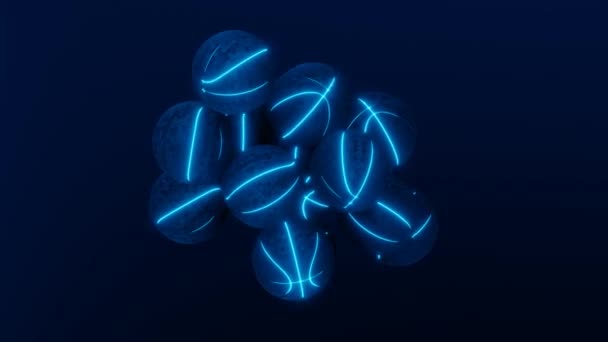 Abstrakte Animation Des Herumfliegens Verbindens Schweben Blauer Basketbälle Mit Neon — Stockvideo